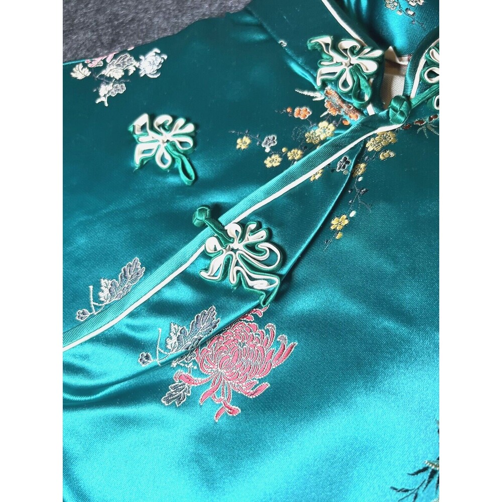 Silk Embroidered Mandarin Collar Top - Teal Green - Picture 4 of 16